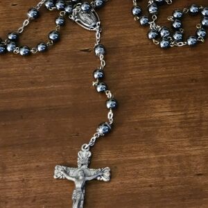 Creed Silver and Dark Grey Rosary Necklace Men